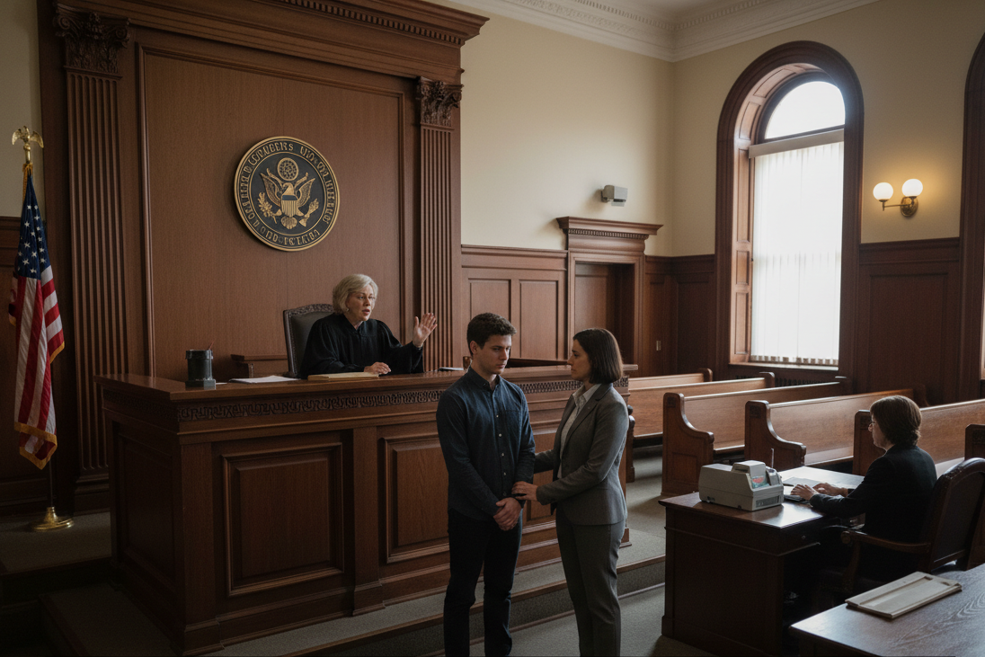 generate an image for a person standing in front of a judge and the judge ordering a court ordered drug testing probation