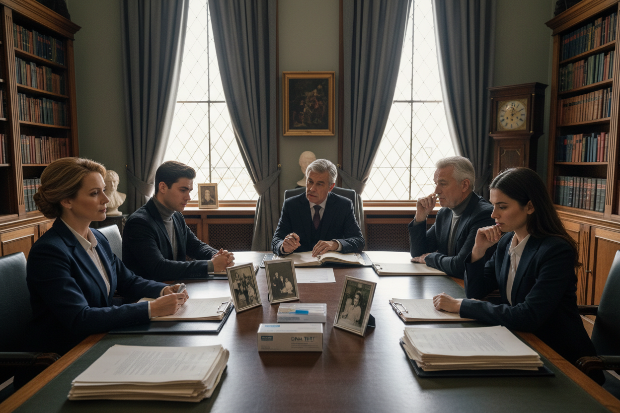 generate image for deceased individual dna testing ro postmortem genetic testing. Scene should look like children reading a will looking to see if they are a part of an inheritance of the deceased.