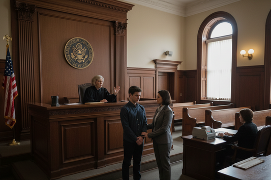 generate an image for a person standing in front of a judge and the judge ordering a court ordered drug testing probation