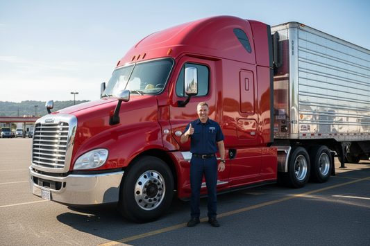 generate an image of a happy commercial truck driver standing by his truck doing a "thumbs up"