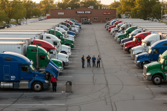 generate an image of truck drivers with their trucks at a rest stop