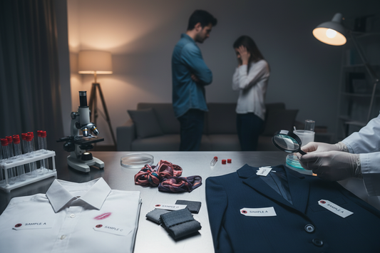 generate image for infidelity testing, show couples fighting and show pieces of clothing to be used as forensics or evidence 